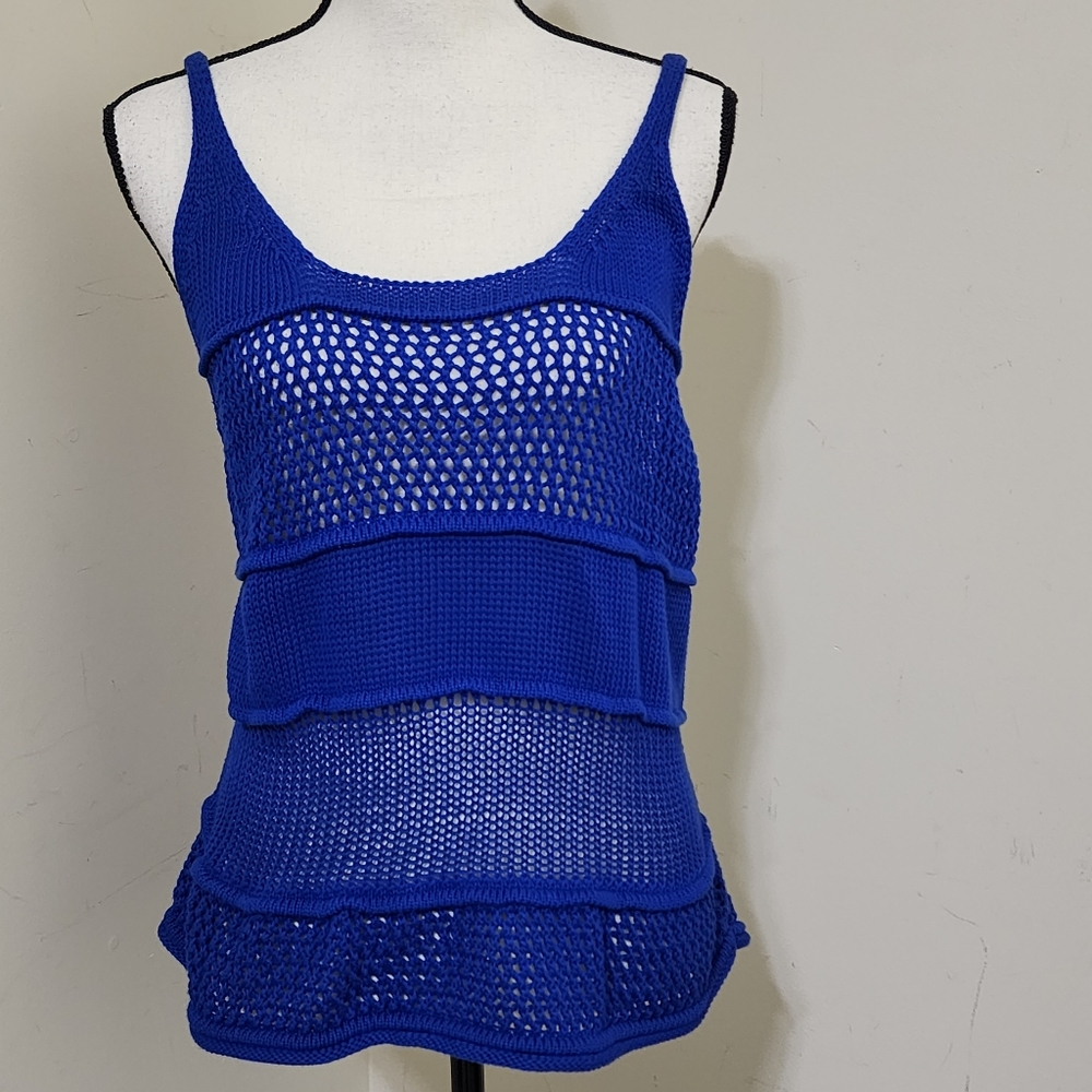 new EXPRESS size Large Sleeveless Open Stitch Cotton Crochet Tank Royal Blue